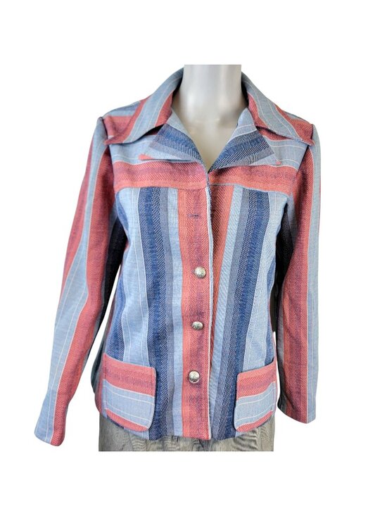 Vintage Jackets & Blazers - Vintage 70s Stripe Shirt Jacket Women Medium Pink Blue Collar Button Lightweight